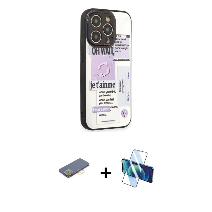 MARSİLYAN™- iPhone 12 Pro Kılıf Odak Klasik Serisi - Siyah 3D Antistatik Seramik Nano Ekran Koruyucu + Renkli Kamera Lens Koruma Cam - SI