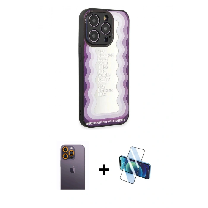 MARSİLYAN™- iPhone 12 Pro Kılıf Odak Klasik Serisi - Siyah 3D Antistatik Seramik Nano Ekran Koruyucu + Neon Fosforlu Kamera Lens - SI