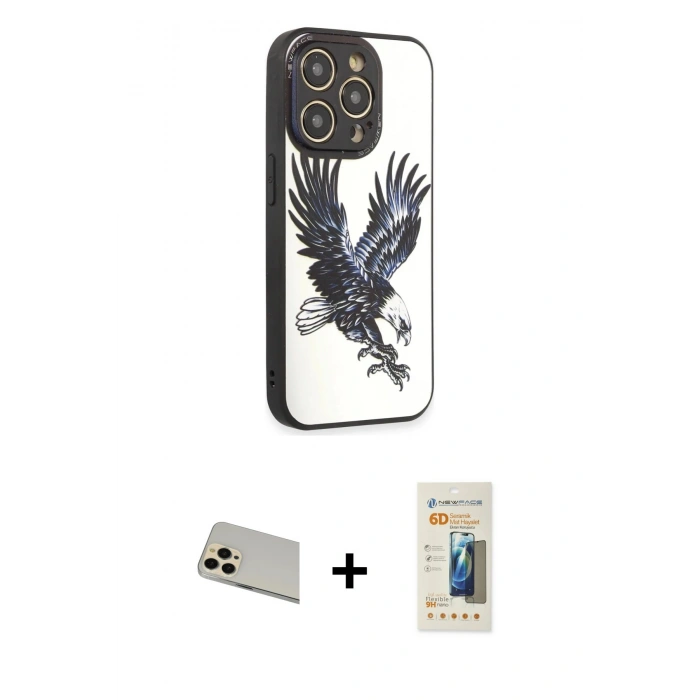MARSİLYAN™- iPhone 12 Pro Kılıf Odak Klasik Serisi - Siyah 6D Mat Seramik Hayalet Nano Ekran Koruyucu + Rainbow Kamera Lens Koruma Cam - GD