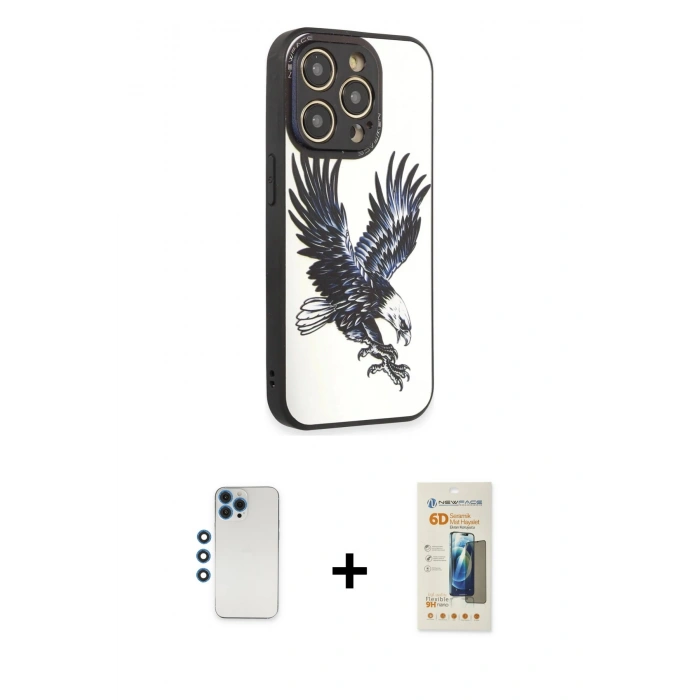 MARSİLYAN™- iPhone 12 Pro Kılıf Odak Klasik Serisi - Siyah 6D Mat Seramik Hayalet Nano Ekran Koruyucu + Mavi Shine Kamera Lens