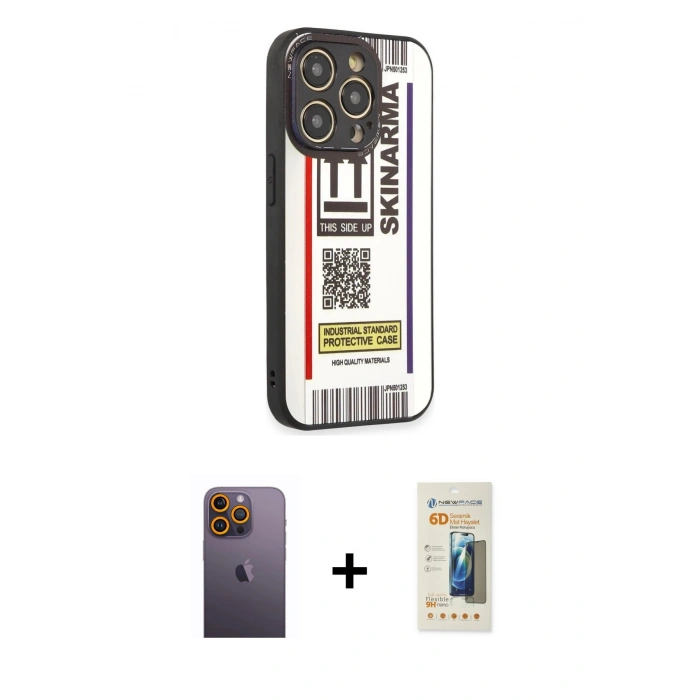 MARSİLYAN™- iPhone 12 Pro Kılıf Odak Klasik Serisi - Siyah 6D Mat Seramik Hayalet Nano Ekran Koruyucu + Neon Fosforlu Kamera Lens - SI