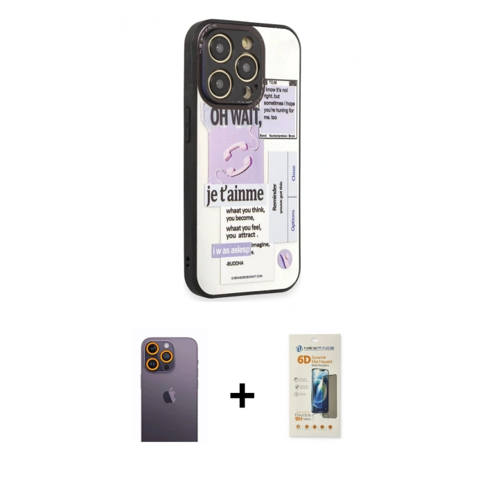 MARSİLYAN™- iPhone 12 Pro Kılıf Odak Klasik Serisi - Siyah 6D Mat Seramik Hayalet Nano Ekran Koruyucu + Neon Fosforlu Kamera Lens - SI
