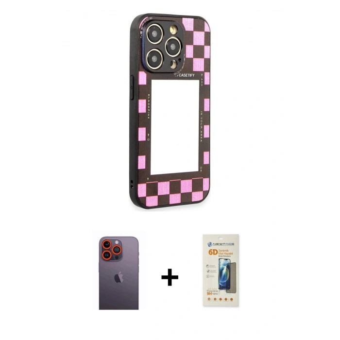 MARSİLYAN™- iPhone 12 Pro Kılıf Odak Klasik Serisi - Siyah 6D Mat Seramik Hayalet Nano Ekran Koruyucu + Turuncu Neon Fosforlu Kamera Lens