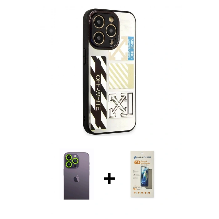MARSİLYAN™- iPhone 12 Pro Kılıf Odak Klasik Serisi - Siyah 6D Mat Seramik Hayalet Nano Ekran Koruyucu + Neon Fosforlu Kamera Lens - YL