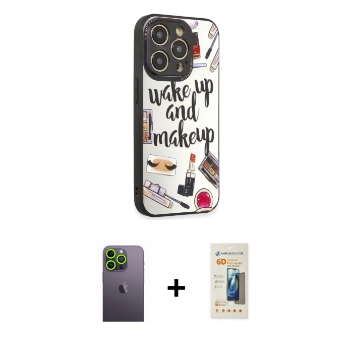 MARSİLYAN™- iPhone 12 Pro Kılıf Odak Klasik Serisi - Siyah 6D Mat Seramik Hayalet Nano Ekran Koruyucu + Neon Fosforlu Kamera Lens - YL