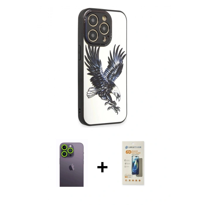 MARSİLYAN™- iPhone 12 Pro Kılıf Odak Klasik Serisi - Siyah 6D Mat Seramik Hayalet Nano Ekran Koruyucu + Neon Fosforlu Kamera Lens - YL
