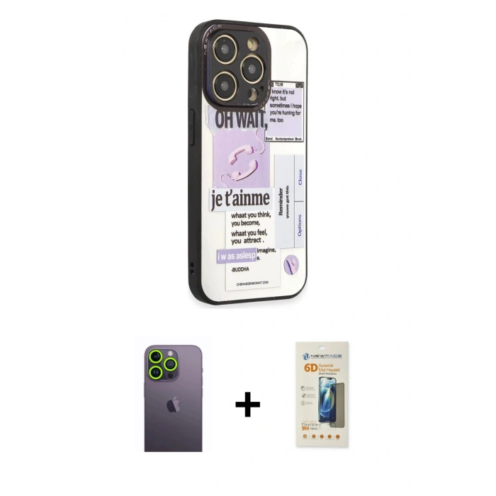 MARSİLYAN™- iPhone 12 Pro Kılıf Odak Klasik Serisi - Siyah 6D Mat Seramik Hayalet Nano Ekran Koruyucu + Neon Fosforlu Kamera Lens - YL