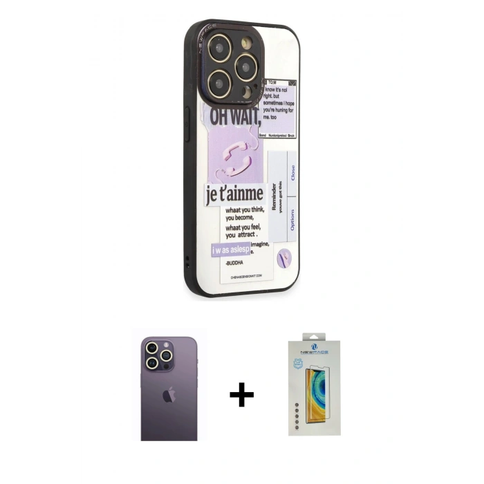 MARSİLYAN™- iPhone 12 Pro Kılıf Odak Klasik Serisi - Siyah Polymer Nano Ekran Koruyucu + Neon Fosforlu Kamera Lens - BZ