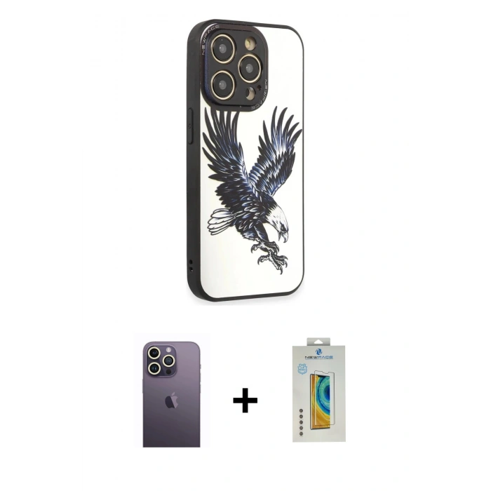 MARSİLYAN™- iPhone 12 Pro Kılıf Odak Klasik Serisi - Siyah Polymer Nano Ekran Koruyucu + Neon Fosforlu Kamera Lens - BZ