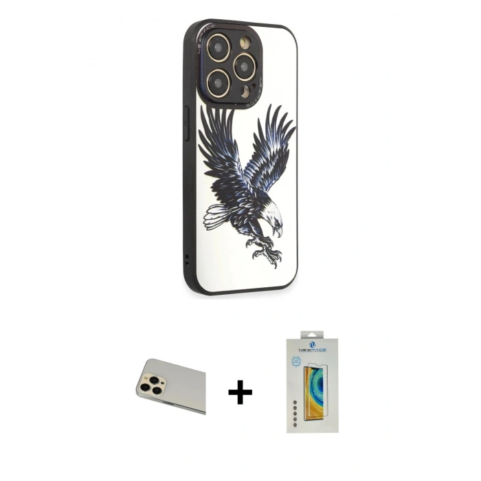 MARSİLYAN™- iPhone 12 Pro Kılıf Odak Klasik Serisi - Siyah Polymer Nano Ekran Koruyucu + Rainbow Kamera Lens Koruma Cam - GD