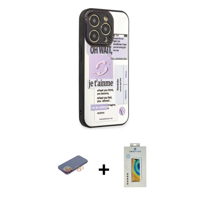 MARSİLYAN™- iPhone 12 Pro Kılıf Odak Klasik Serisi - Siyah Polymer Nano Ekran Koruyucu + Renkli Kamera Lens Koruma Cam - TU