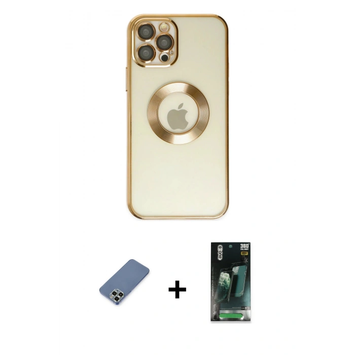 MARSİLYAN™- iPhone 12 Pro Kılıf Pusula Form - Şeffaf 360 Full Body Arka Koruyucu + Metal Kamera Lens Koruma Cam - AKYL