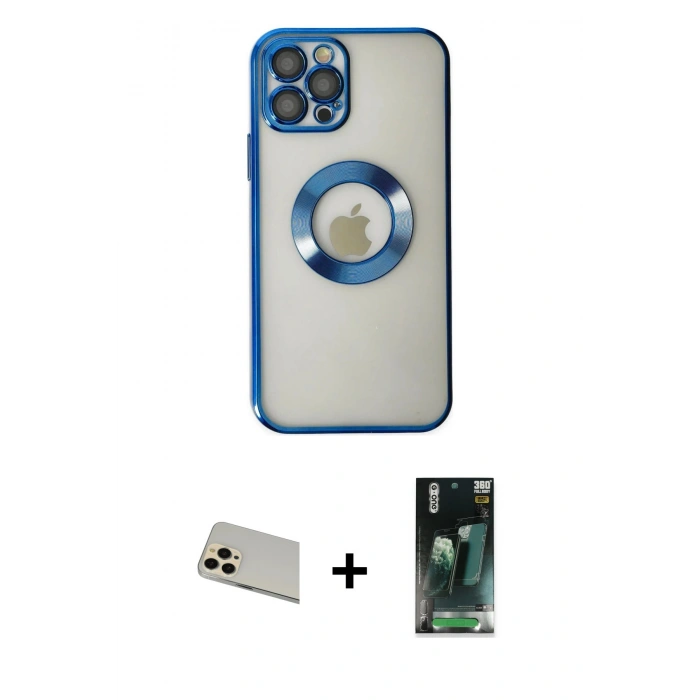 MARSİLYAN™- iPhone 12 Pro Kılıf Pusula Form - Şeffaf 360 Full Body Arka Koruyucu + Gold Rainbow Kamera Lens Koruma Cam
