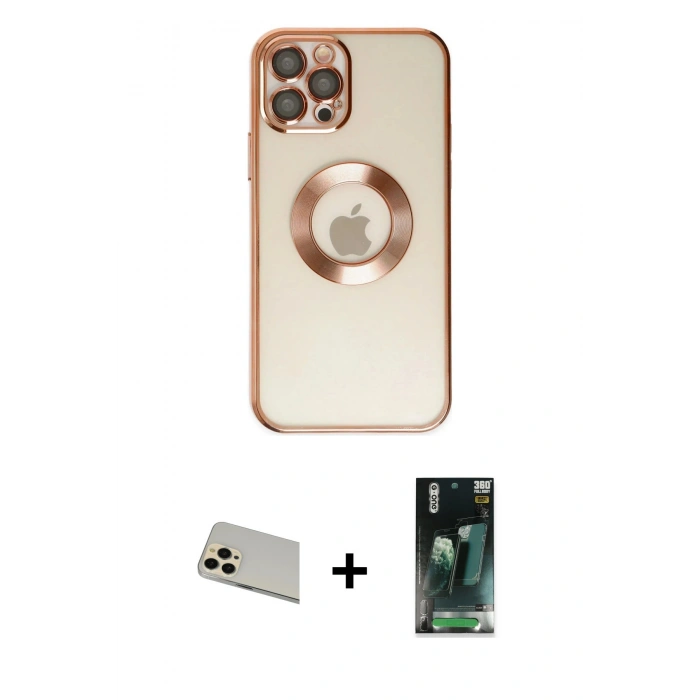 MARSİLYAN™- iPhone 12 Pro Kılıf Pusula Form - Şeffaf 360 Full Body Arka Koruyucu + Gold Rainbow Kamera Lens Koruma Cam