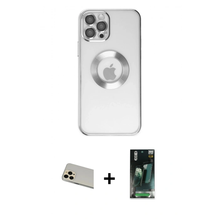 MARSİLYAN™- iPhone 12 Pro Kılıf Pusula Form - Şeffaf 360 Full Body Arka Koruyucu + Gold Rainbow Kamera Lens Koruma Cam
