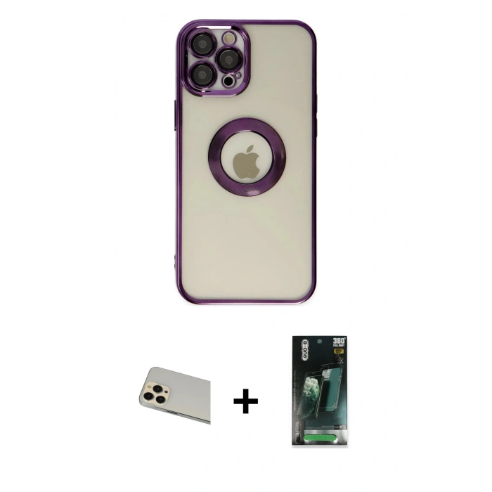MARSİLYAN™- iPhone 12 Pro Kılıf Pusula Form - Şeffaf 360 Full Body Arka Koruyucu + Gold Rainbow Kamera Lens Koruma Cam