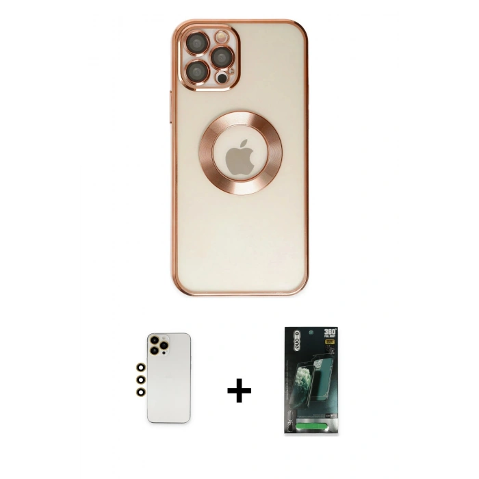 MARSİLYAN™- iPhone 12 Pro Kılıf Pusula Form - Şeffaf 360 Full Body Arka Koruyucu + Shine Kamera Lens - GD