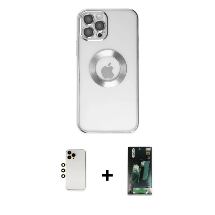 MARSİLYAN™- iPhone 12 Pro Kılıf Pusula Form - Şeffaf 360 Full Body Arka Koruyucu + Shine Kamera Lens - GD