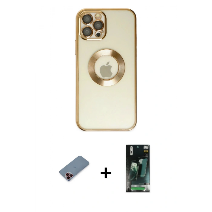MARSİLYAN™- iPhone 12 Pro Kılıf Pusula Form - Şeffaf 360 Full Body Arka Koruyucu + Metal Kamera Lens Koruma Cam - KI