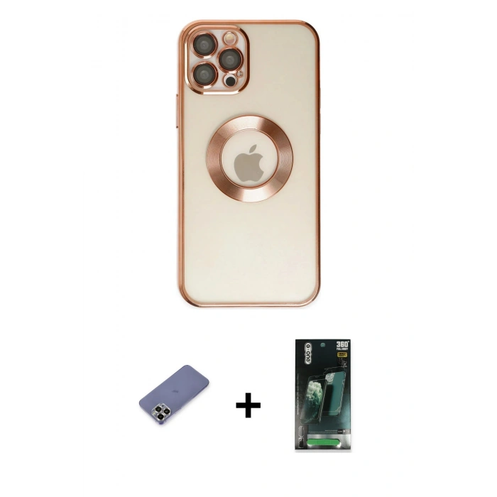 MARSİLYAN™- iPhone 12 Pro Kılıf Pusula Form - Şeffaf 360 Full Body Arka Koruyucu + Metal Kamera Lens Koruma Cam - GD