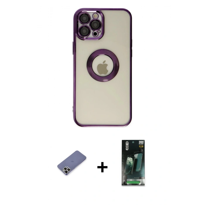 MARSİLYAN™- iPhone 12 Pro Kılıf Pusula Form - Şeffaf 360 Full Body Arka Koruyucu + Metal Kamera Lens Koruma Cam - GD