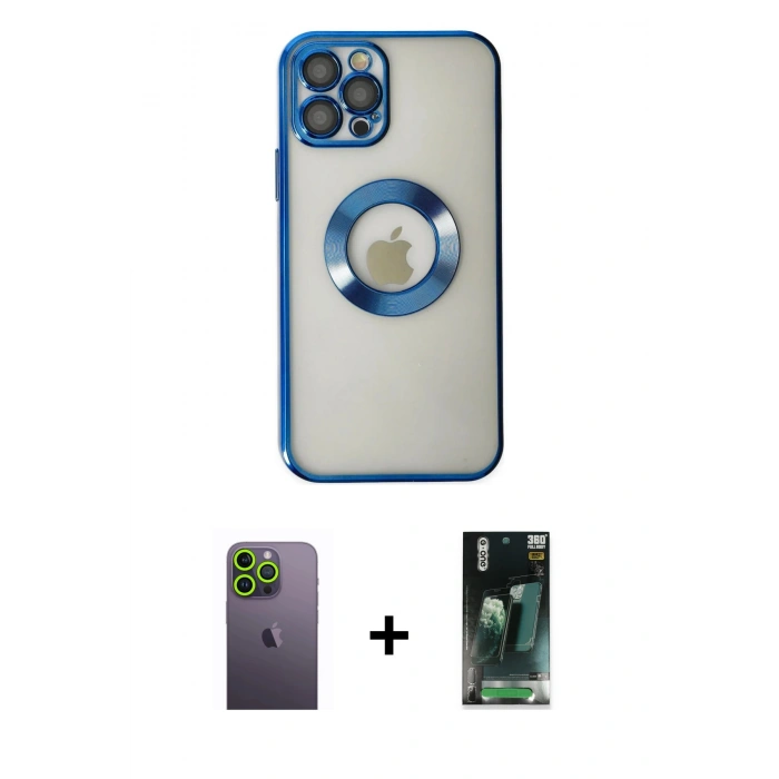 MARSİLYAN™- iPhone 12 Pro Kılıf Pusula Form - Şeffaf 360 Full Body Arka Koruyucu + Neon Fosforlu Kamera Lens - YL