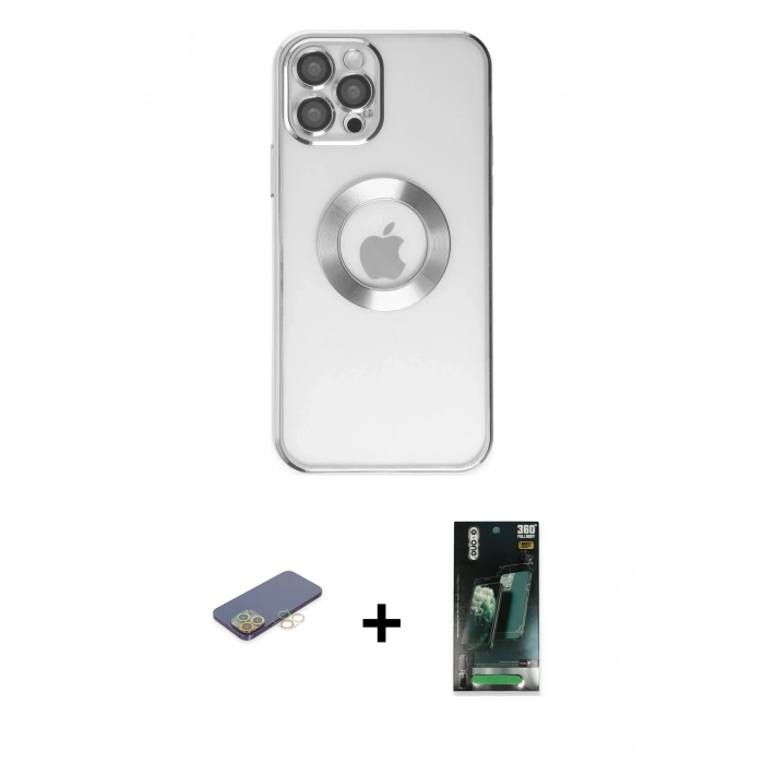 MARSİLYAN™- iPhone 12 Pro Kılıf Pusula Form - Şeffaf 360 Full Body Arka Koruyucu + Renkli Kamera Lens Koruma Cam - SI