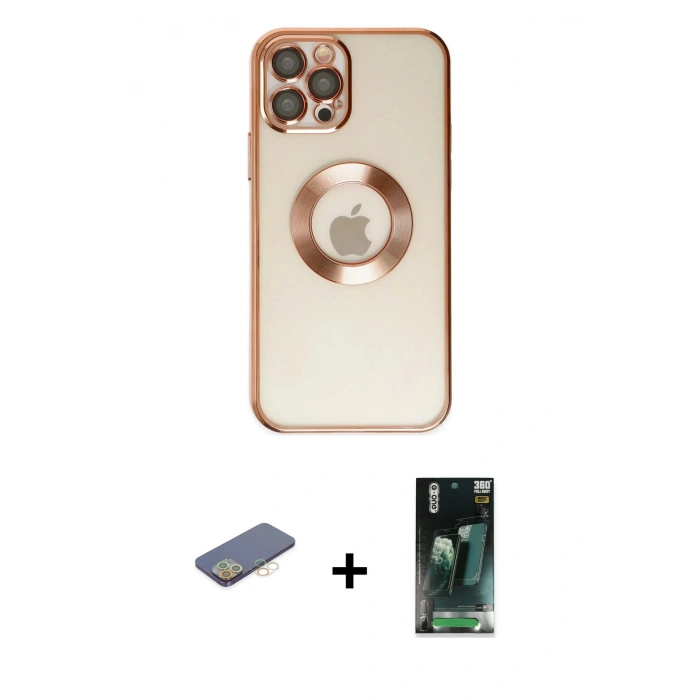 MARSİLYAN™- iPhone 12 Pro Kılıf Pusula Form - Şeffaf 360 Full Body Arka Koruyucu + Renkli Kamera Lens Koruma Cam - SI