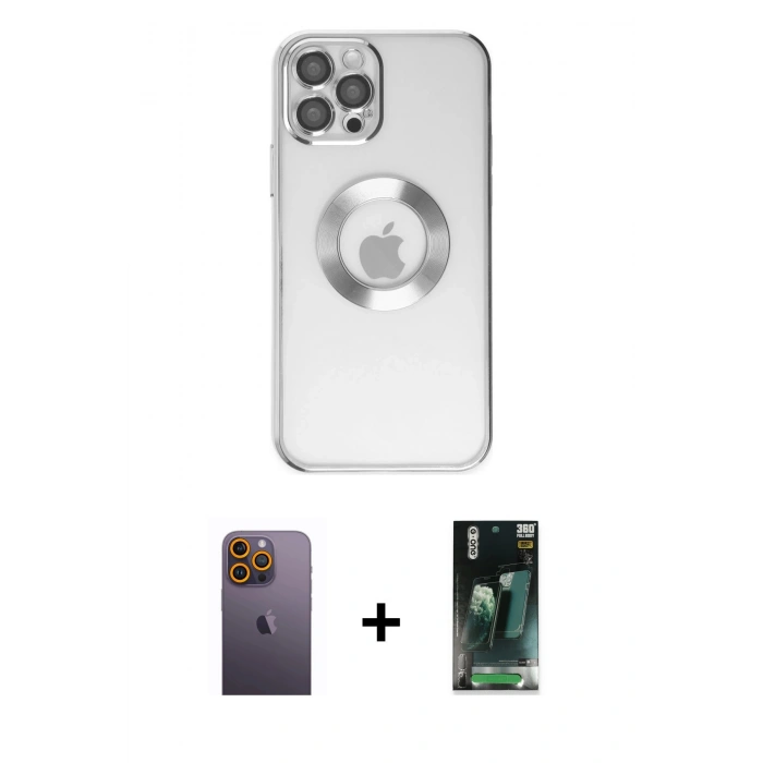 MARSİLYAN™- iPhone 12 Pro Kılıf Pusula Form - Şeffaf 360 Full Body Arka Koruyucu + Neon Fosforlu Kamera Lens - SI