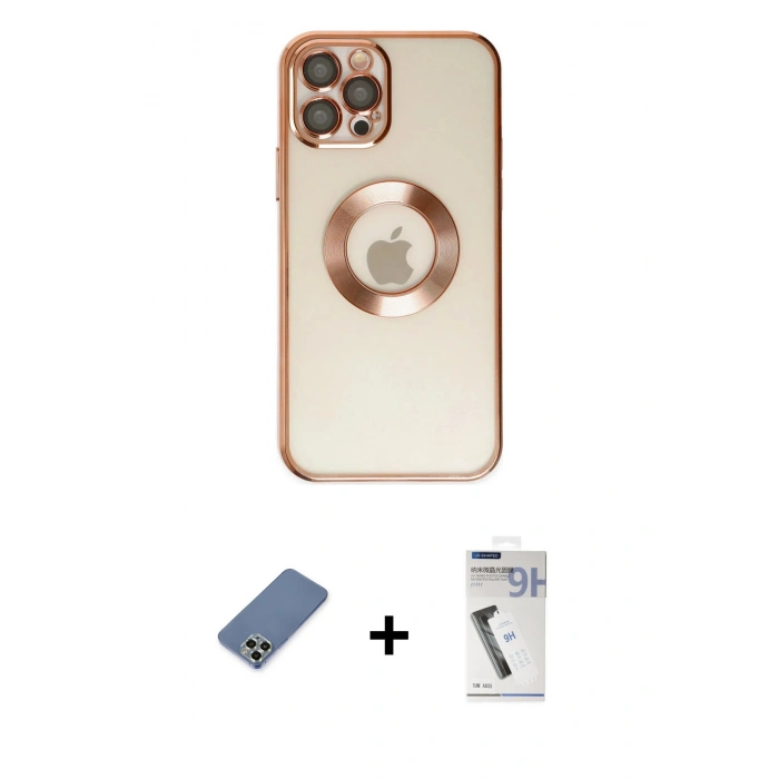 MARSİLYAN™- iPhone 12 Pro Kılıf Pusula Form - Şeffaf Uv Polymer Nano Ekran Koruyucu + Metal Kamera Lens Koruma Cam - AKYL