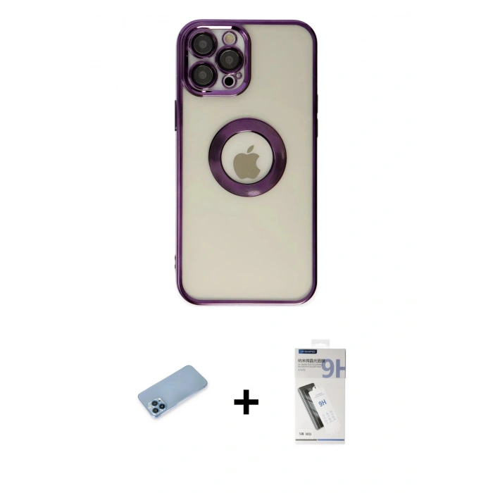MARSİLYAN™- iPhone 12 Pro Kılıf Pusula Form - Şeffaf Uv Polymer Nano Ekran Koruyucu + Mavi Shine Kamera Lens Koruma Cam