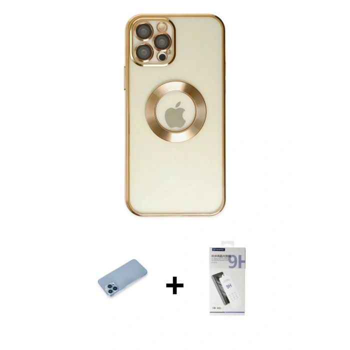 MARSİLYAN™- iPhone 12 Pro Kılıf Pusula Form - Şeffaf Uv Polymer Nano Ekran Koruyucu + Mavi Shine Kamera Lens Koruma Cam