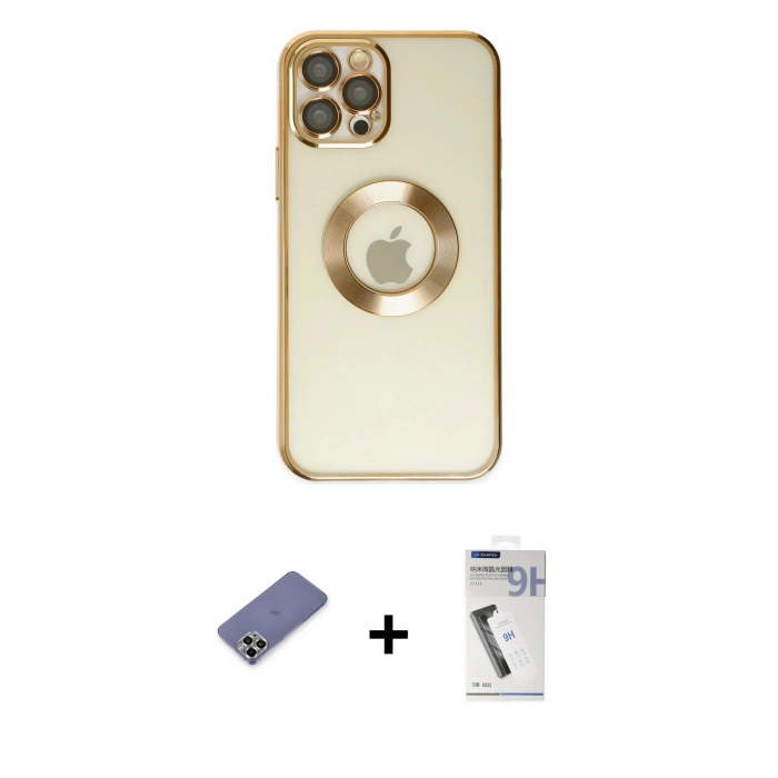 MARSİLYAN™- iPhone 12 Pro Kılıf Pusula Form - Şeffaf Uv Polymer Nano Ekran Koruyucu + Metal Kamera Lens Koruma Cam - GD