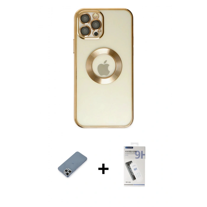 MARSİLYAN™- iPhone 12 Pro Kılıf Pusula Form - Şeffaf Uv Polymer Nano Ekran Koruyucu + Metal Kamera Lens Koruma Cam - GS