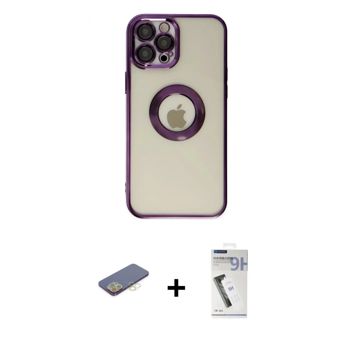 MARSİLYAN™- iPhone 12 Pro Kılıf Pusula Form - Şeffaf Uv Polymer Nano Ekran Koruyucu + Renkli Kamera Lens Koruma Cam - SI