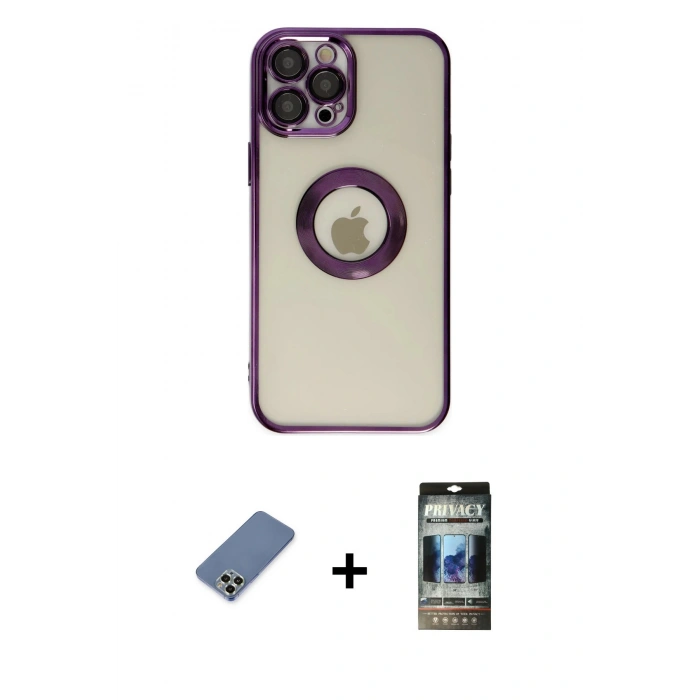 MARSİLYAN™- iPhone 12 Pro Kılıf Pusula Form - Siyah 34D Hayalet Izgaralı Cam + Açık Yeşil Metal Kamera Lens Koruma Cam