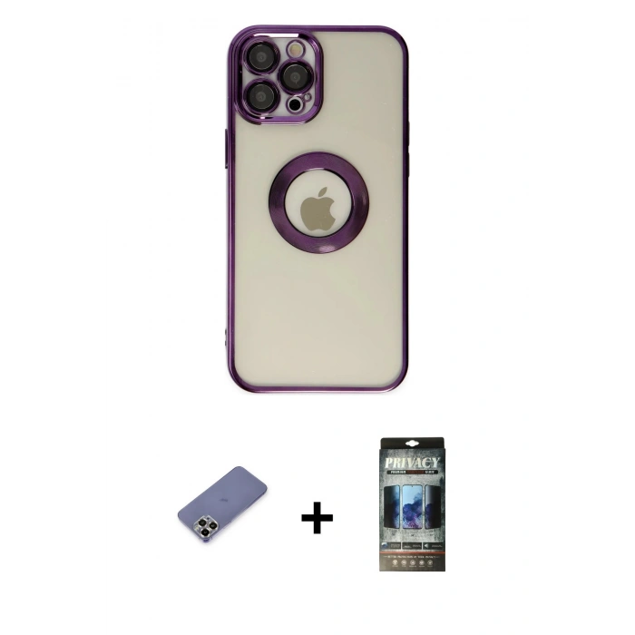 MARSİLYAN™- iPhone 12 Pro Kılıf Pusula Form - Siyah 34D Hayalet Izgaralı Cam + Metal Kamera Lens Koruma Cam - GD