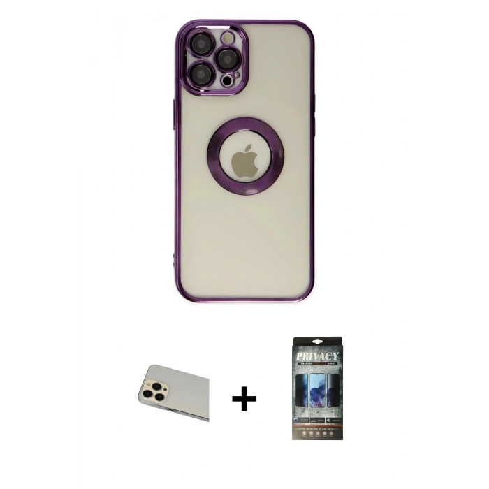 MARSİLYAN™- iPhone 12 Pro Kılıf Pusula Form - Siyah 34D Hayalet Izgaralı Cam + Gold Rainbow Kamera Lens Koruma Cam
