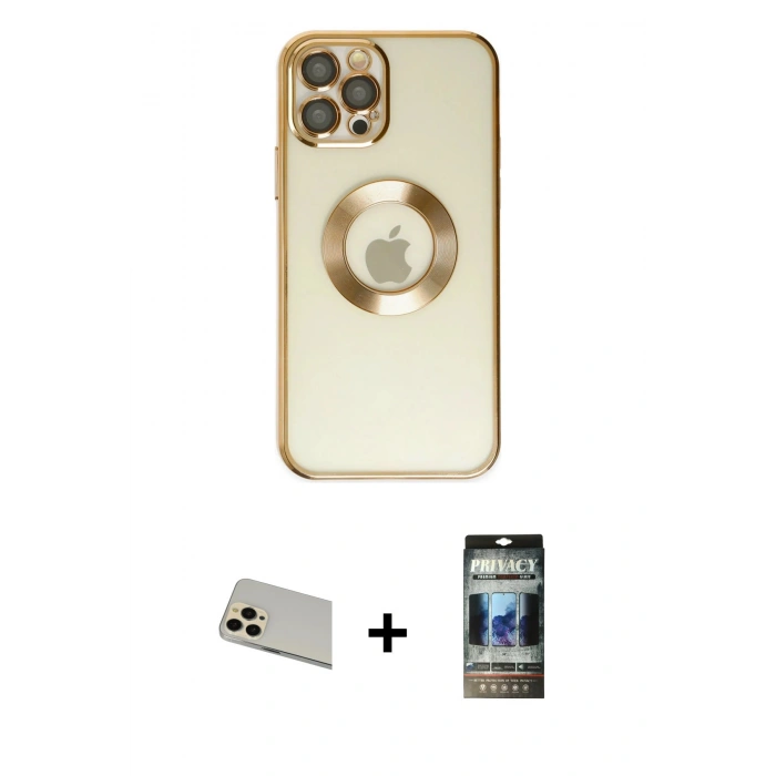 MARSİLYAN™- iPhone 12 Pro Kılıf Pusula Form - Siyah 34D Hayalet Izgaralı Cam + Gold Rainbow Kamera Lens Koruma Cam