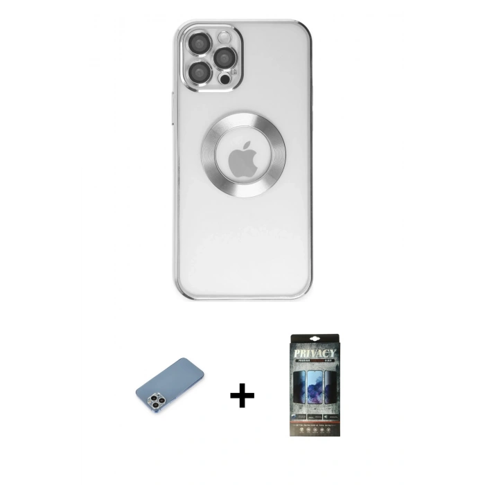 MARSİLYAN™- iPhone 12 Pro Kılıf Pusula Form - Siyah 34D Hayalet Izgaralı Cam + Shine Kamera Lens Koruma Cam - GS