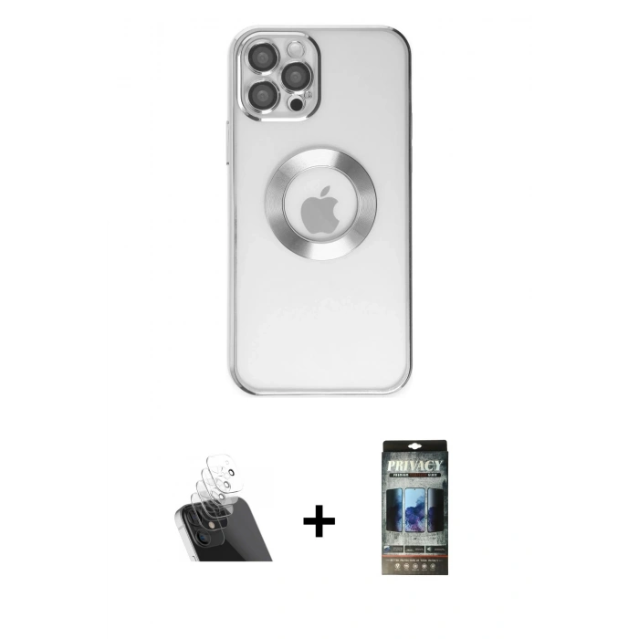 MARSİLYAN™- iPhone 12 Pro Kılıf Pusula Form - Siyah 34D Hayalet Izgaralı Cam + Kamera Lens Koruma Cam - SF