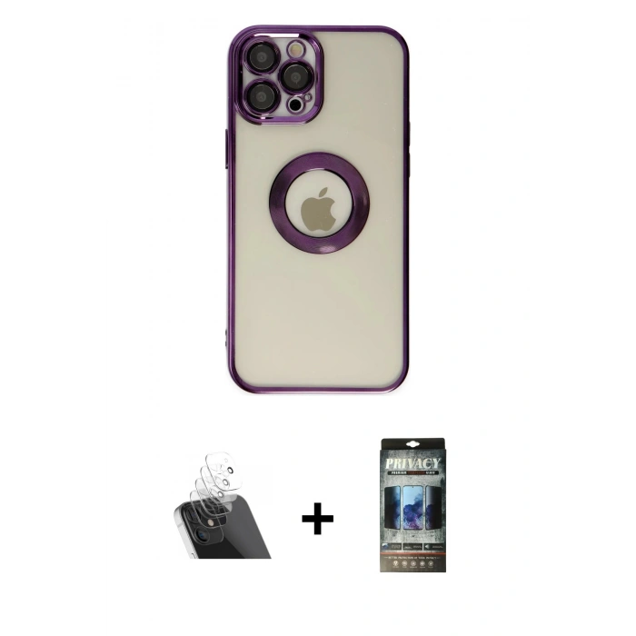 MARSİLYAN™- iPhone 12 Pro Kılıf Pusula Form - Siyah 34D Hayalet Izgaralı Cam + Kamera Lens Koruma Cam - SF