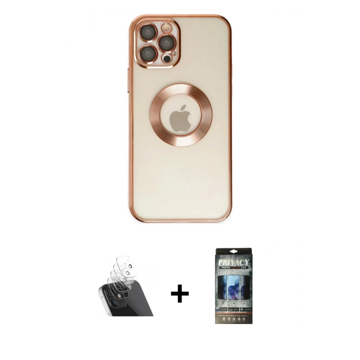 MARSİLYAN™- iPhone 12 Pro Kılıf Pusula Form - Siyah 34D Hayalet Izgaralı Cam + Kamera Lens Koruma Cam - SF