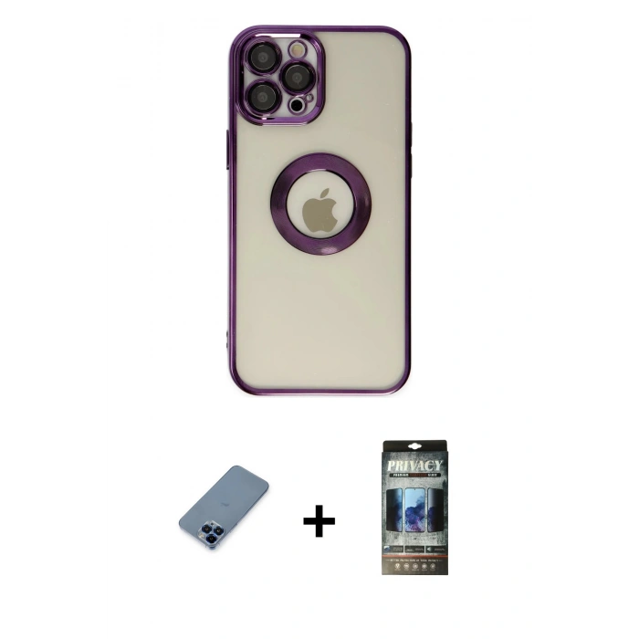 MARSİLYAN™- iPhone 12 Pro Kılıf Pusula Form - Siyah 34D Hayalet Izgaralı Cam + Metal Kamera Lens Koruma Cam - MI