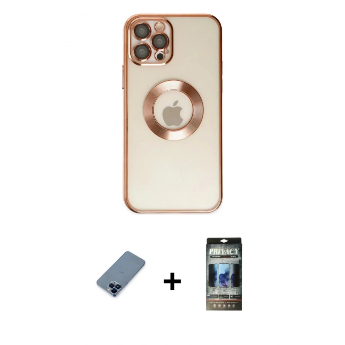 MARSİLYAN™- iPhone 12 Pro Kılıf Pusula Form - Siyah 34D Hayalet Izgaralı Cam + Metal Kamera Lens Koruma Cam - MI