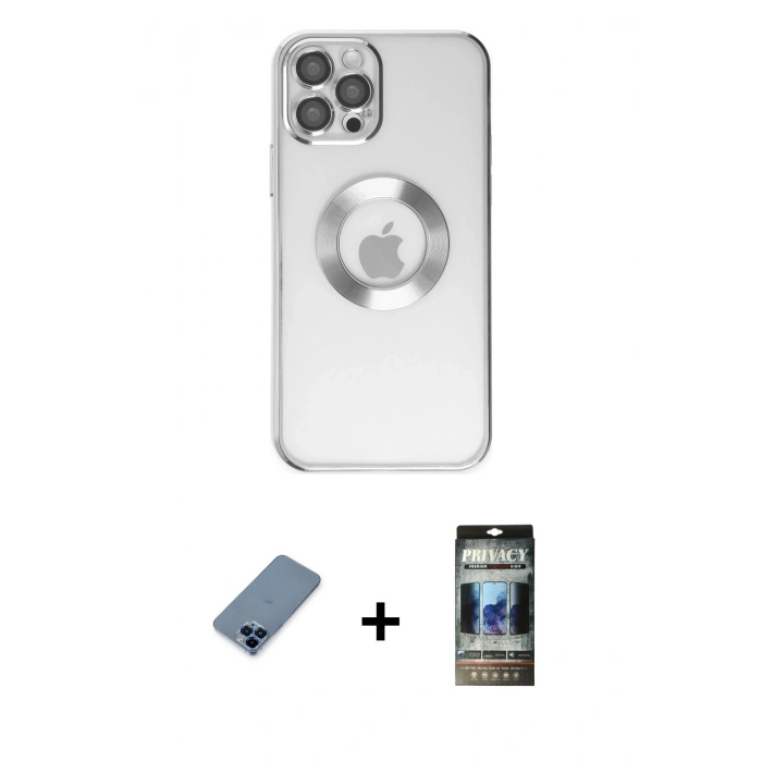 MARSİLYAN™- iPhone 12 Pro Kılıf Pusula Form - Siyah 34D Hayalet Izgaralı Cam + Metal Kamera Lens Koruma Cam - MI
