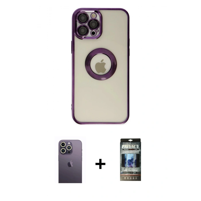 MARSİLYAN™- iPhone 12 Pro Kılıf Pusula Form - Siyah 34D Hayalet Izgaralı Cam + Neon Fosforlu Kamera Lens - BZ