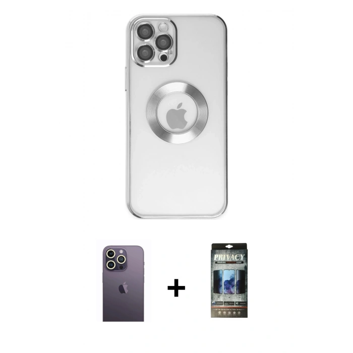 MARSİLYAN™- iPhone 12 Pro Kılıf Pusula Form - Siyah 34D Hayalet Izgaralı Cam + Neon Fosforlu Kamera Lens - BZ