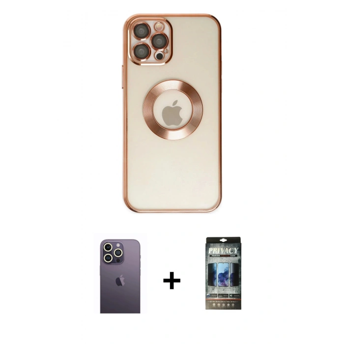 MARSİLYAN™- iPhone 12 Pro Kılıf Pusula Form - Siyah 34D Hayalet Izgaralı Cam + Neon Fosforlu Kamera Lens - BZ
