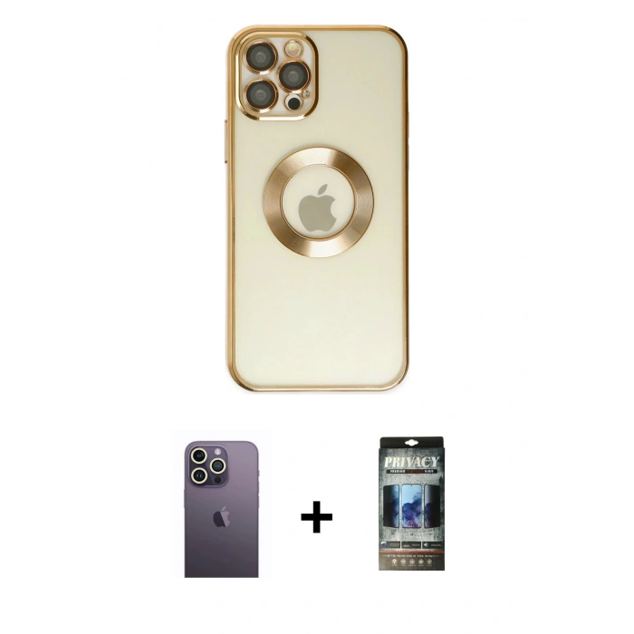 MARSİLYAN™- iPhone 12 Pro Kılıf Pusula Form - Siyah 34D Hayalet Izgaralı Cam + Neon Fosforlu Kamera Lens - BZ